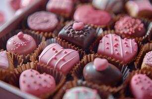 ai generado San Valentín día chocolate caja lleno de golosinas y galletas foto