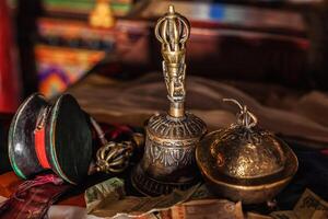 Religious objects in Buddhist monastery photo