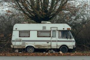 ai generado cámping en el bosque de el casa rodante . Días festivos en un camper camioneta foto