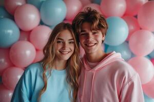 ai generado un joven Pareja en un antecedentes de rosado y azul globos género fiesta foto