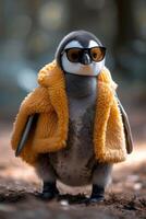 ai generado retrato de un pingüino en calentar ropa caminando abajo el calle foto