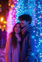 ai generado retrato de un joven Pareja en el noche luces de el ciudad foto