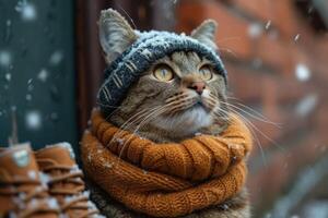 ai generado un gato en un invierno sombrero y bufanda en el calle durante el día en invierno foto