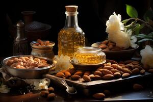 AI generated A wooden bowl with assorted nuts and honey on the table on a black background. Walnuts, pistachios, almonds, hazelnuts and cashews photo