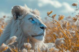 AI generated Portrait of a white lion in a field in summer photo