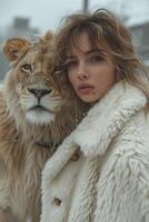 ai generado hermosa de moda joven mujer con un hermosa grande león foto