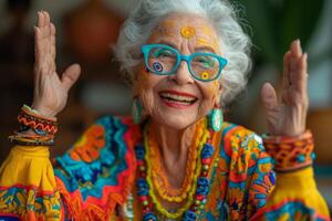 AI generated Happy and playful elderly woman in colored clothes indoors photo