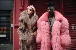 AI generated A gangster in a pink fur coat and a prostitute in a back alley on a city street photo