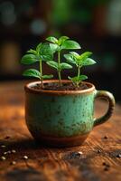 AI generated A green young plant in a flower pot, germinating seeds in a glass photo