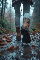 AI generated A man walking through mud in the middle of the jungle in rainy weather photo