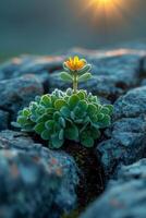 AI generated The sprout of the future tree makes its way through the rocky surface in the mountains. The concept of life and growth, despite the difficulties photo