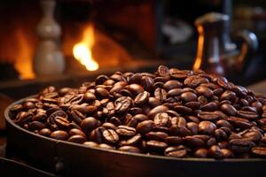 AI generated Roasted coffee beans close-up in dishes . Colombian coffee photo