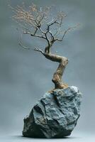 AI generated A tree growing on a rock. The roots are breaking through the rocks photo