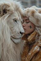 AI generated Beautiful fashionable young woman with a beautiful big lion photo