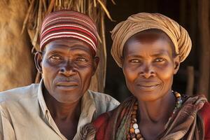 AI generated Portrait of an African couple of a man and a woman against the background of African nature. Mature African couple photo