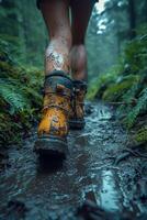 AI generated A man walking through mud in the middle of the jungle in rainy weather photo