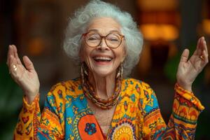 AI generated Happy and playful elderly woman in colored clothes indoors photo