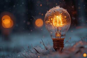 AI generated An ordinary incandescent light bulb stands outside in winter and burns photo