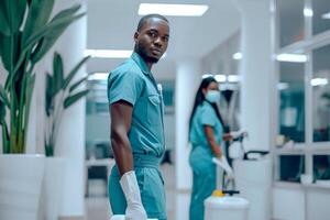 AI generated A smiling pair of African American cleaners are cleaning the room photo