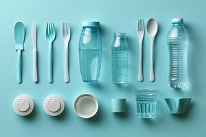 AI generated eco-friendly disposable tableware made of paper and wood on a blue background. the concept of recycling photo