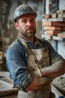 AI generated Portrait of a bricklayer in the workplace. Construction worker photo