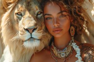 AI generated Beautiful fashionable young woman with a beautiful big lion photo