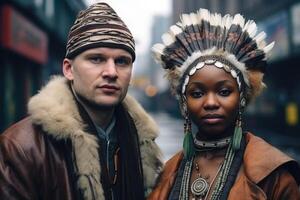 AI generated Portrait of a man and a woman patriots of their country against the background of a city street photo