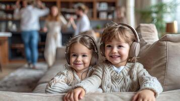 ai generado dos alegre niños son sentado en el sofá con auriculares en en contra el antecedentes de su padres' fiesta foto