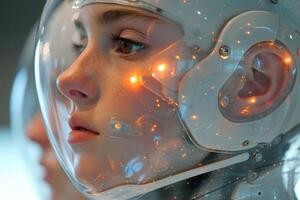 AI generated A girl in a space suit . The concept of artificial intelligence. Digital transformation photo