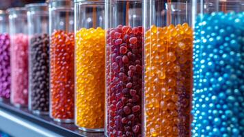 AI generated Glass flasks with colorful delicious candies on the shelf photo