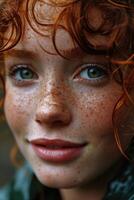 AI generated Portrait of a young red-haired woman on a street background. Long curly red hair photo