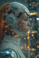 AI generated A girl in a space suit . The concept of artificial intelligence. Digital transformation photo