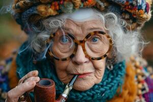 AI generated A fashionable elderly woman smokes a pipe on the street in autumn photo