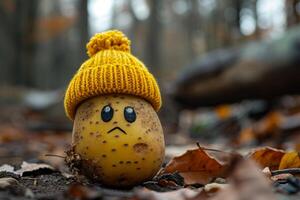 ai generado patatas en un amarillo sombrero con un triste sonriente cara foto