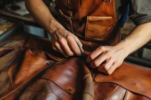 AI generated A male shoemaker working with leather fabric in his workshop photo