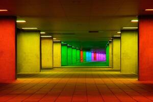 Colorful mulitcolord illuminated gallery tunnel near Museum Park, Rotterdam, The Netherlands photo