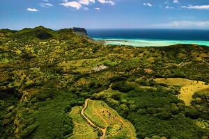 Bird's-eye view of the mountains and fields of the island of Mauritius.Landscapes Of Mauritius. photo