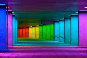 Colorful mulitcolord illuminated gallery tunnel near Museum Park, Rotterdam, The Netherlands photo