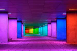 Colorful mulitcolord illuminated gallery tunnel near Museum Park, Rotterdam, The Netherlands photo