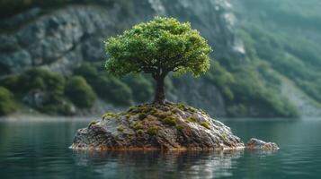 ai generado un solitario árbol en un pequeño isla en un montaña lago foto