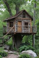 AI generated Cute little tree house for kids in the forest photo