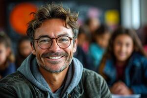 ai generado retrato de un sonriente masculino profesor en un elemental colegio salón de clases foto