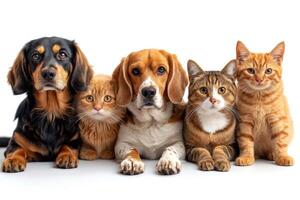 AI generated Friendly Portrait of dogs and cats on a white background photo