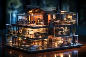 AI generated A mock-up of a large house with interiors behind glass. A modern smart home photo