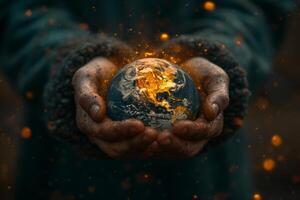 AI generated The burning planet is in your hands at night. Save the Earth. The concept of environmental protection photo