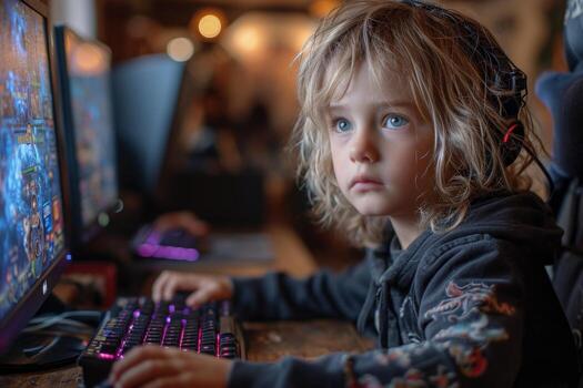 AI generated A charming streamer boy is playing a video game on a computer with a calm expression on his face photo