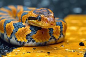 AI generated A snake crawls across a pedestrian crossing on the street photo