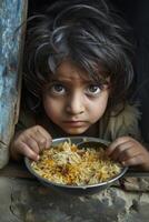 ai generado pequeño asiático hambriento niño con un plato de comida fuera de foto