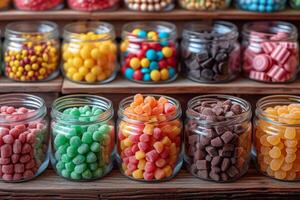 ai generado un montón de vistoso golosinas y caramelo dulces en el estante en el Tienda foto