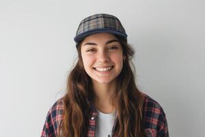 ai generado un Adolescente niña en un gorra sonrisas en un blanco antecedentes foto